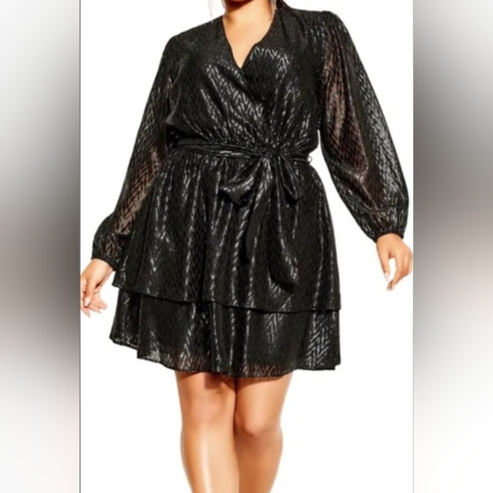 City Chic Black Shimmer Wrap Dress XL/22 – Metallic, Flowy Sleeve, Evening